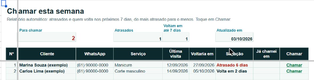 Planilha Cliente de Volta aberta no Google Planilhas, aba Chamar esta semana